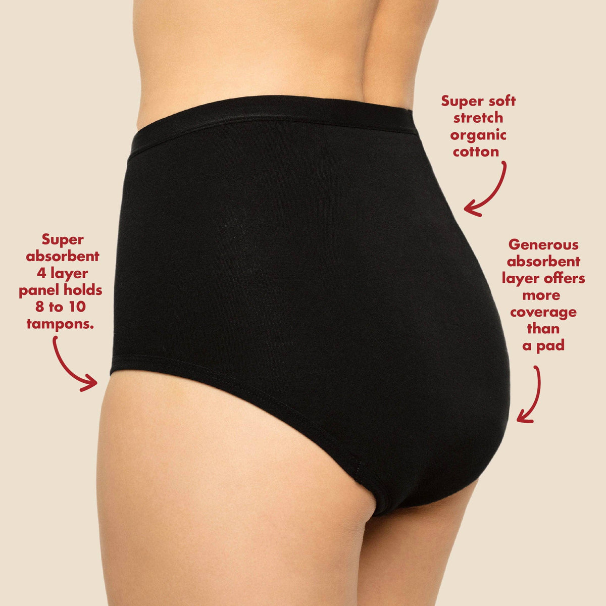 The High Waisted Period. in Organic Cotton. For Heavy Flows - Single Polybag Unit: Black / XS